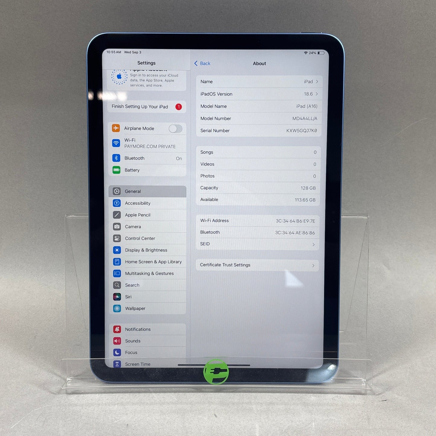 WiFi Only Apple iPad 11" (A16) 128GB Space Gray MD4A4LL/A