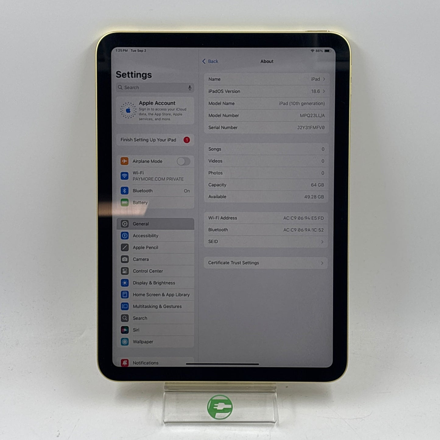 WiFi Only Apple iPad 10th Gen 64GB Yellow M02P3LL/A
