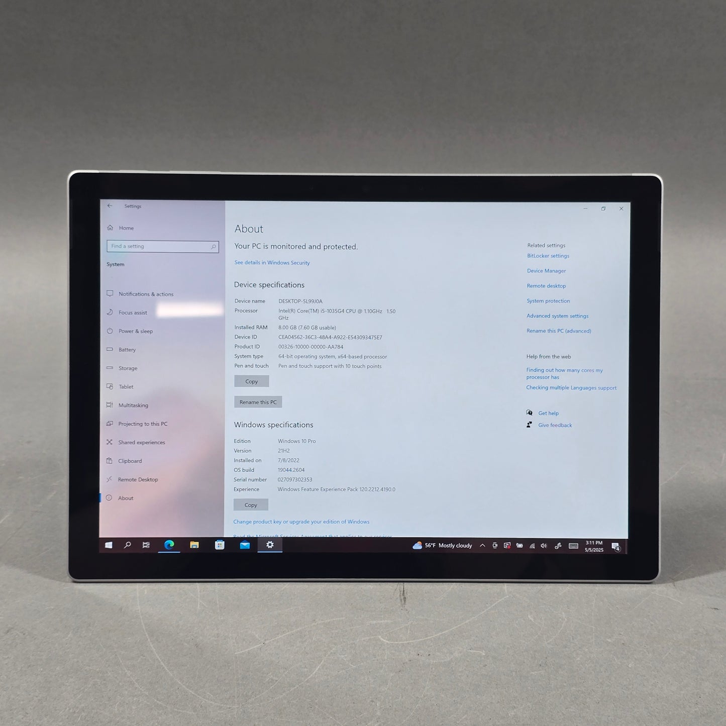 Microsoft Surface Pro 7 1866 12.3" i5-1035G4 1.1GHz 8GB RAM 128GB SSD