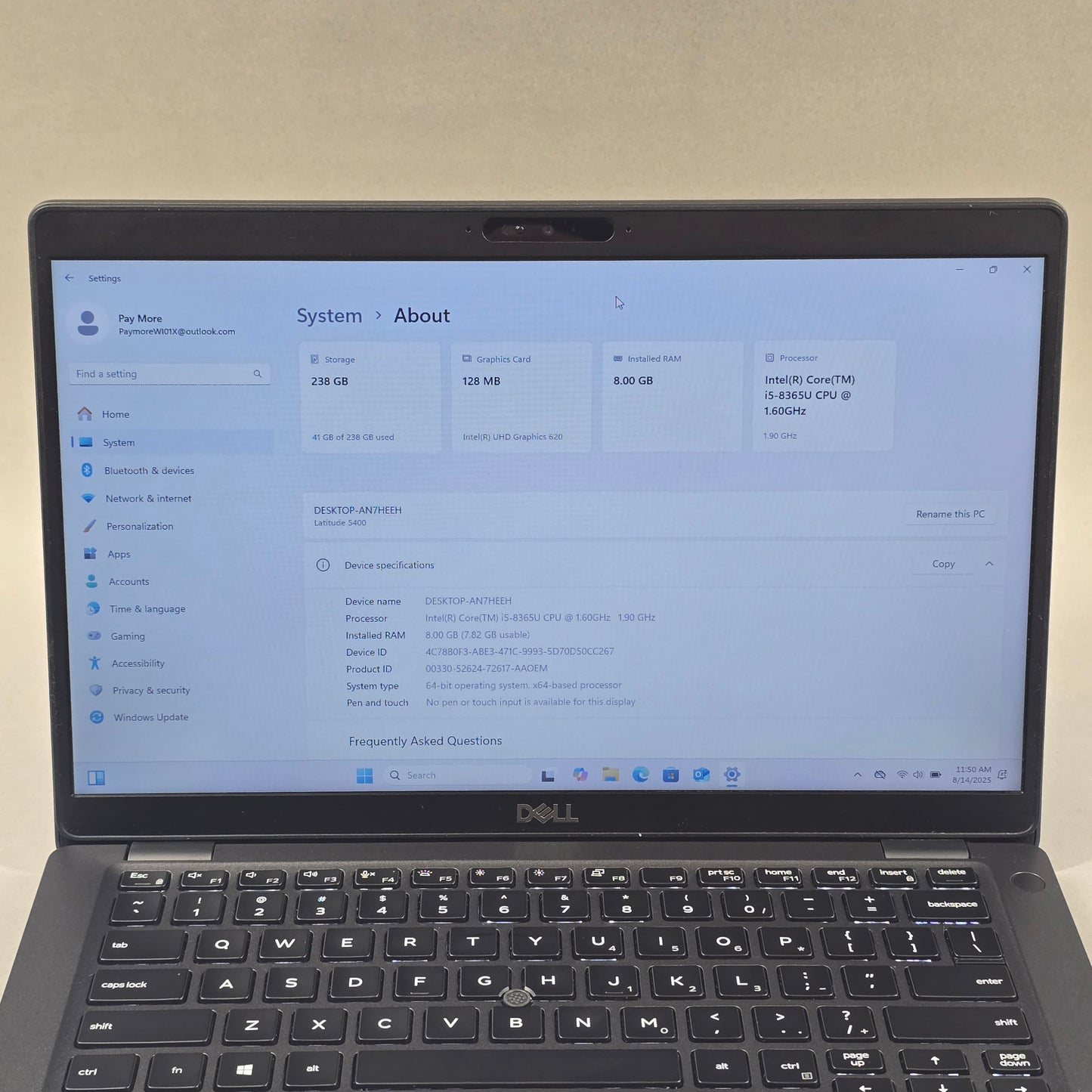 Dell Latitude 5400 P98G001 14" i5-8365U 1.6GHz 8GB RAM 256GB SSD