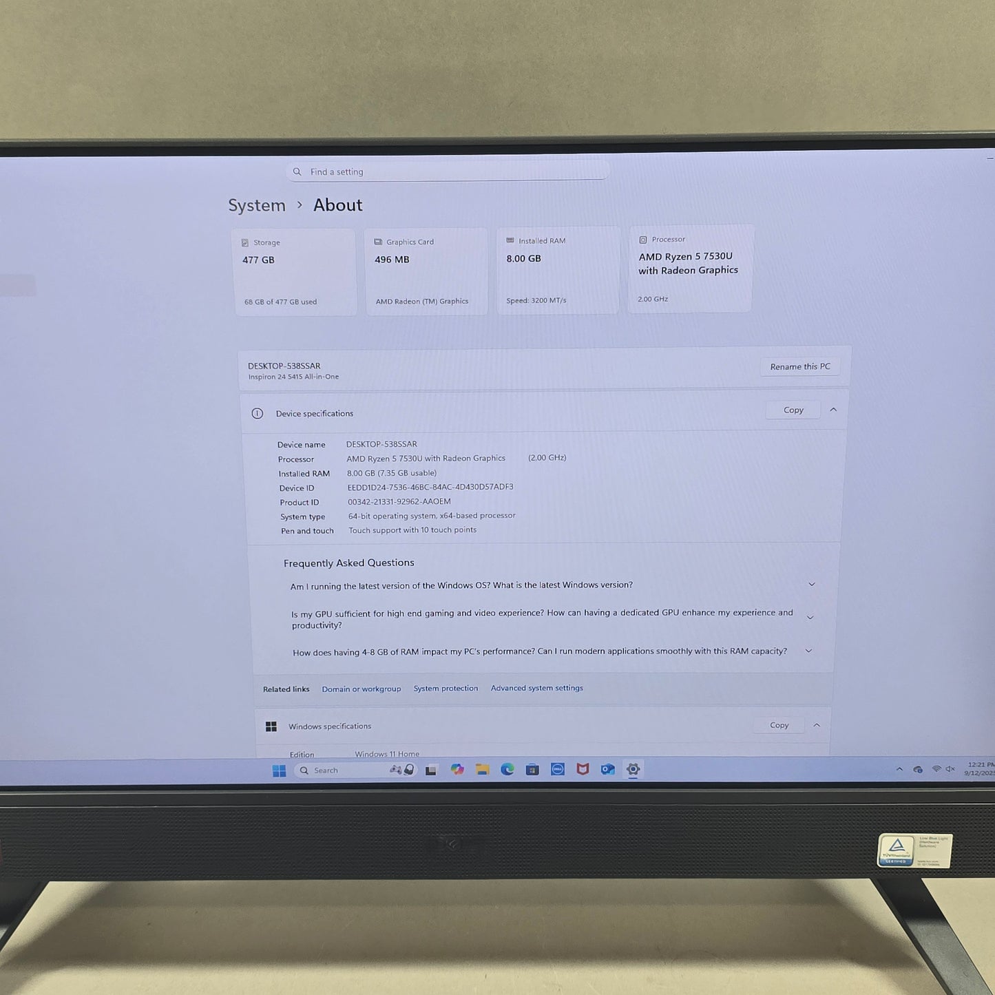 Dell Inspiron 24 5415 23.8"  Ryzen 5 7530U 2.00GHz 8GB RAM