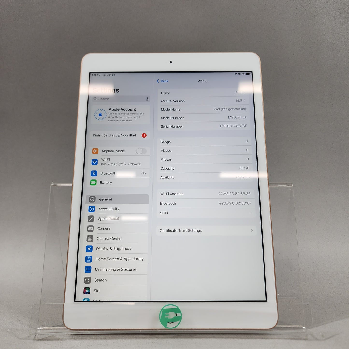 WiFi Only Apple iPad 8th Gen 32GB GOLD MYLC2LL/A