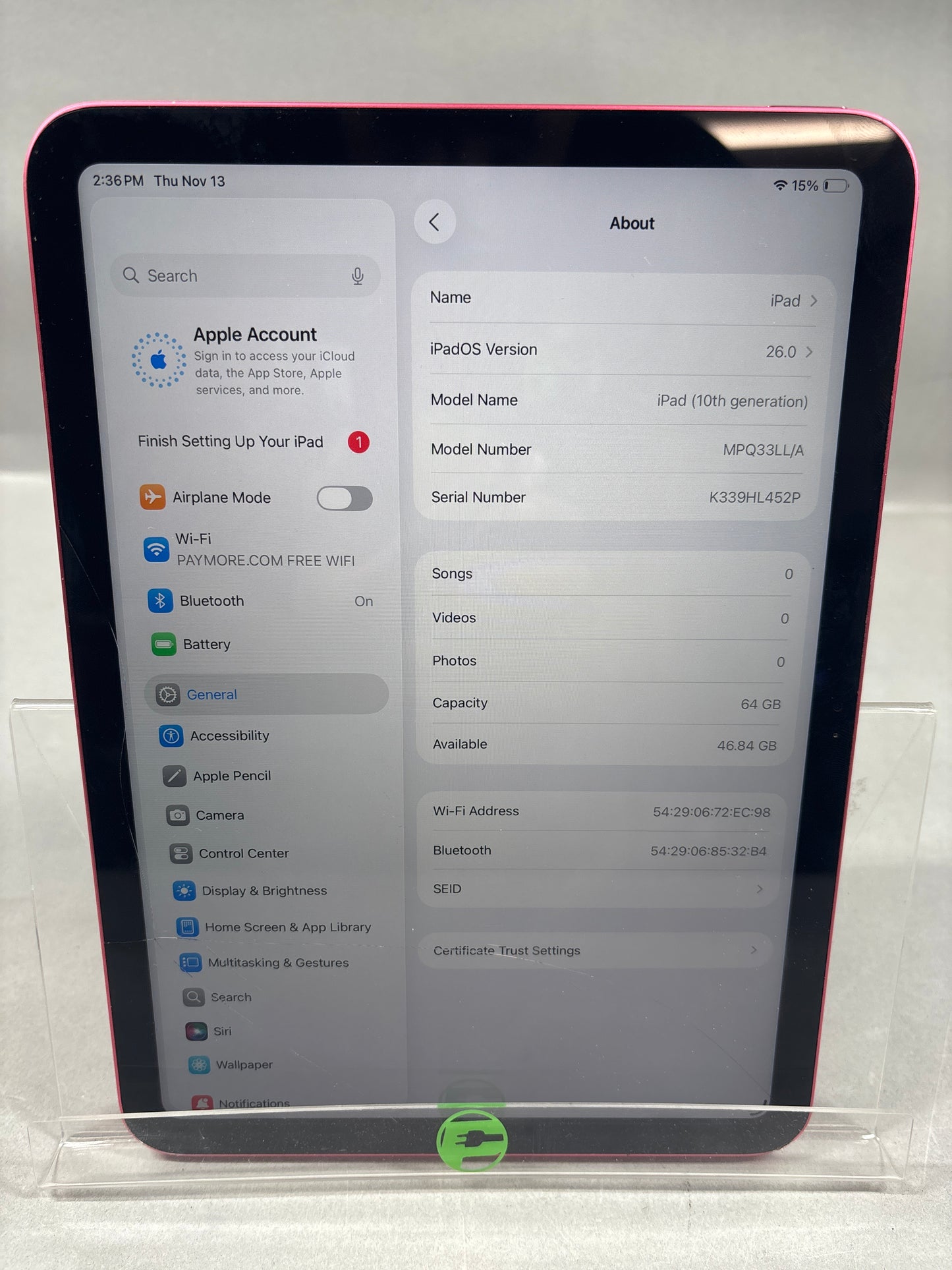 (Broken) WiFi Only Apple iPad 10th Gen 64GB Pink