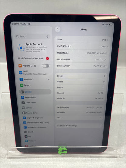 (Broken) WiFi Only Apple iPad 10th Gen 64GB Pink