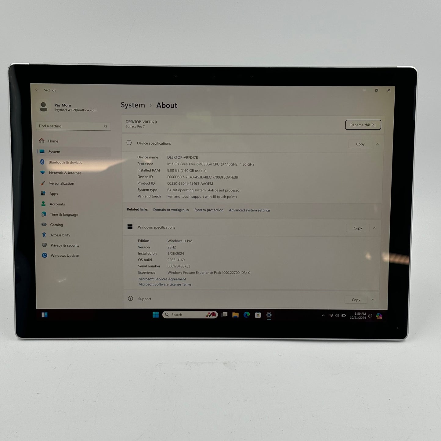 Microsoft Surface Pro 7 1866 Tablet i5-1035G4 1.50GHz 8GB RAM 256GB SSD Win 11 Pro