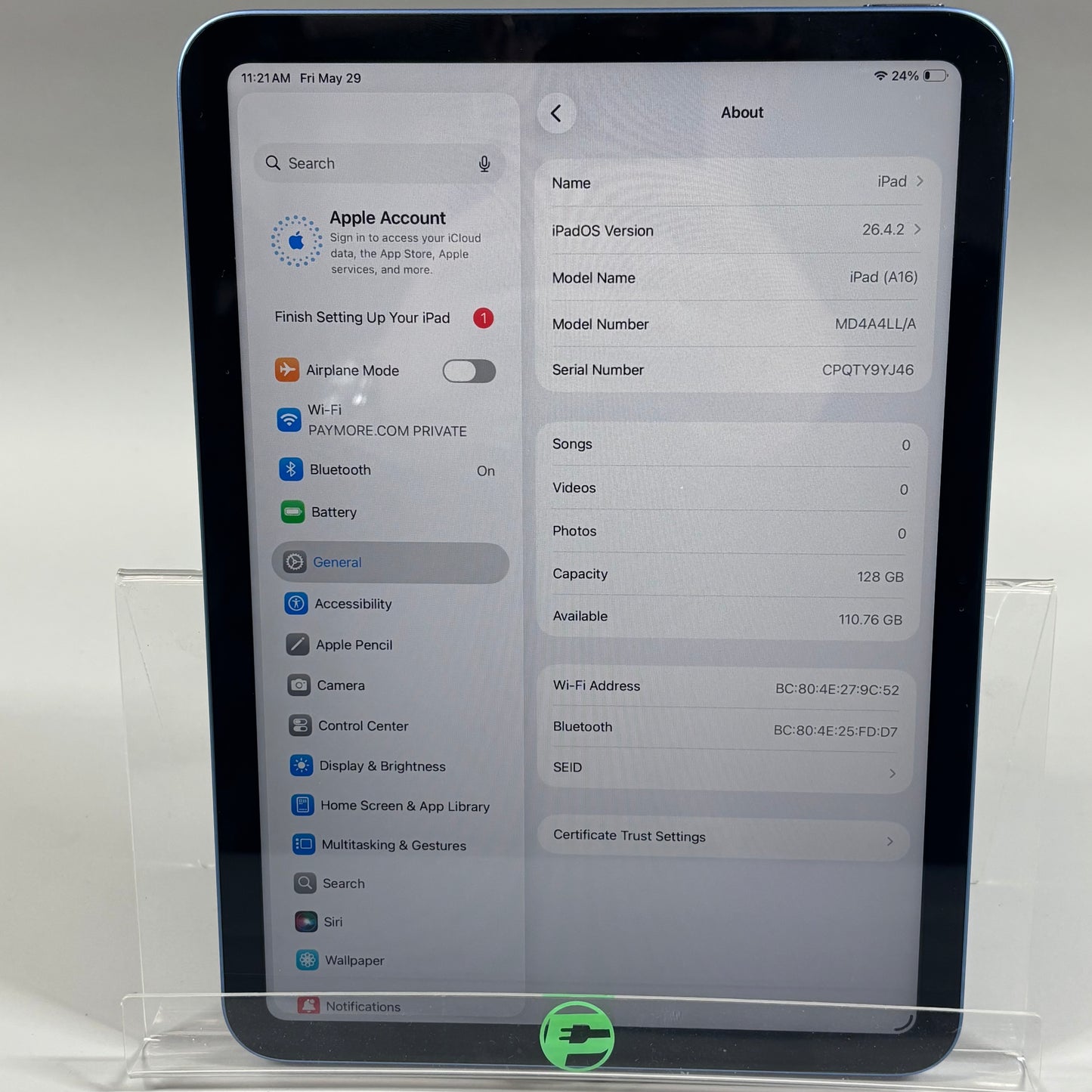 WiFi Only Apple iPad 11" (A16) 128GB Blue MD4A4LL/A