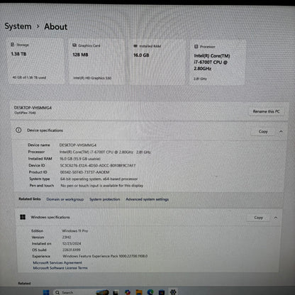 Dell OptiPlex 7040 3000 i7-6700HQ 2.8GHz 16GB RAM 1TB HDD 512GB SSD