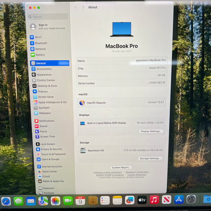 2023 Apple MacBook Pro 16" M3 Pro 18C GPU 4.0GHz 36GB RAM 512GB SSD A2991