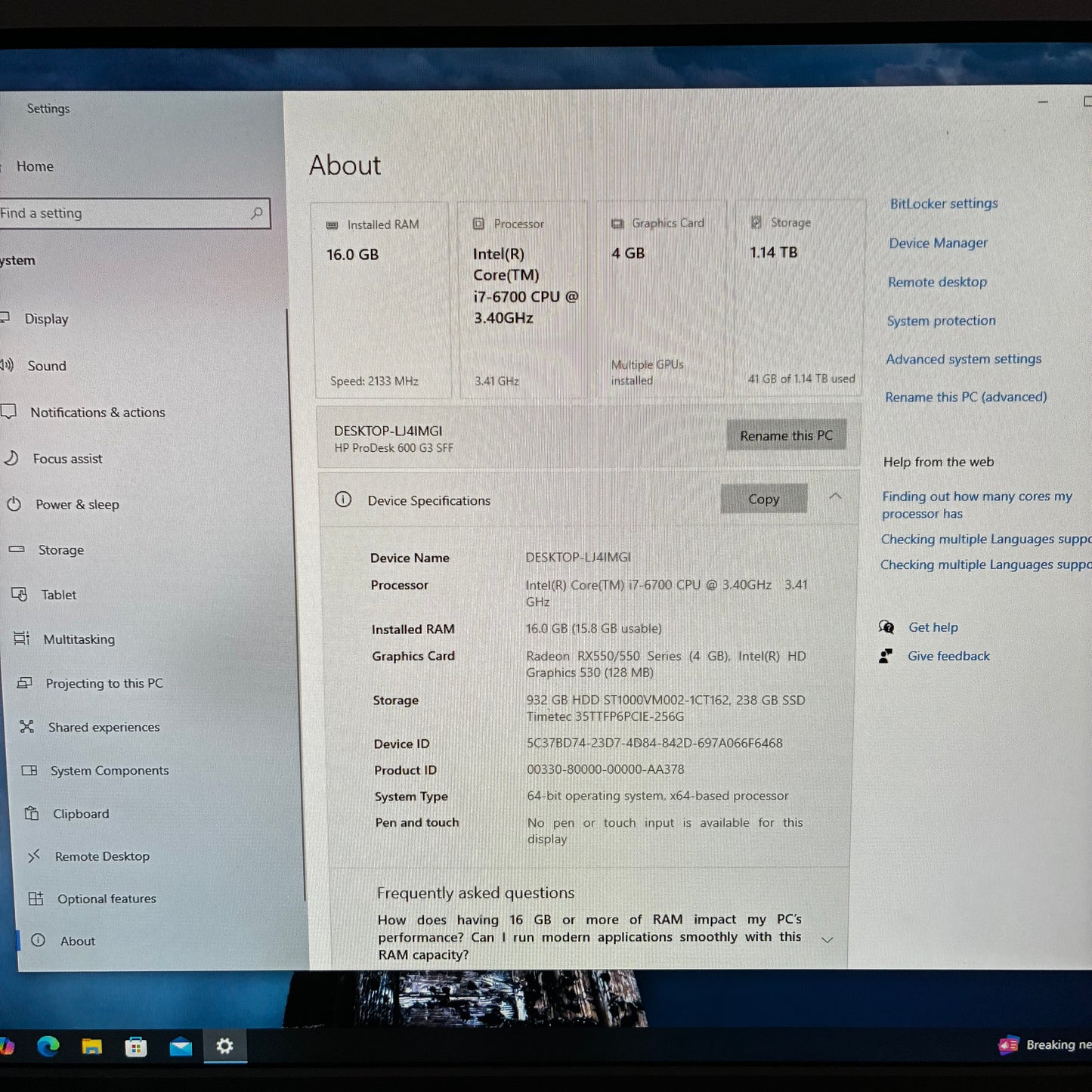HP ProDesk 600 G3 Core i7-6700 3.40GHz 16GB RAM 1TB Radeon RX 550