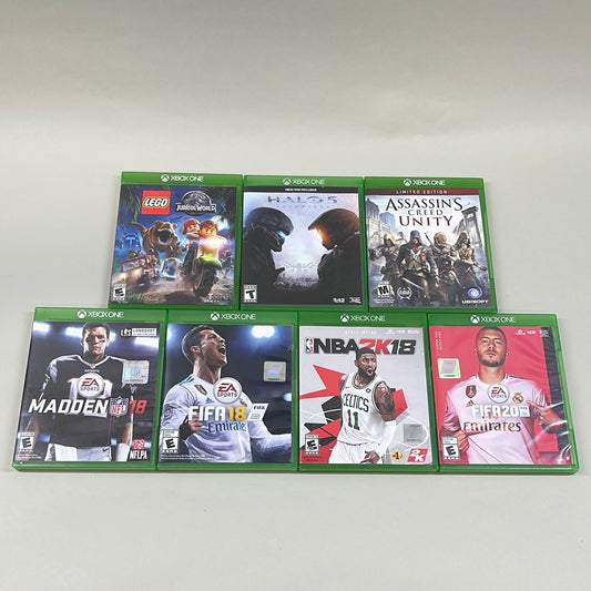 Lot of 7 Xbox One Games Assassins Creed Unity, Halo 5 Guardians, Fifa 20