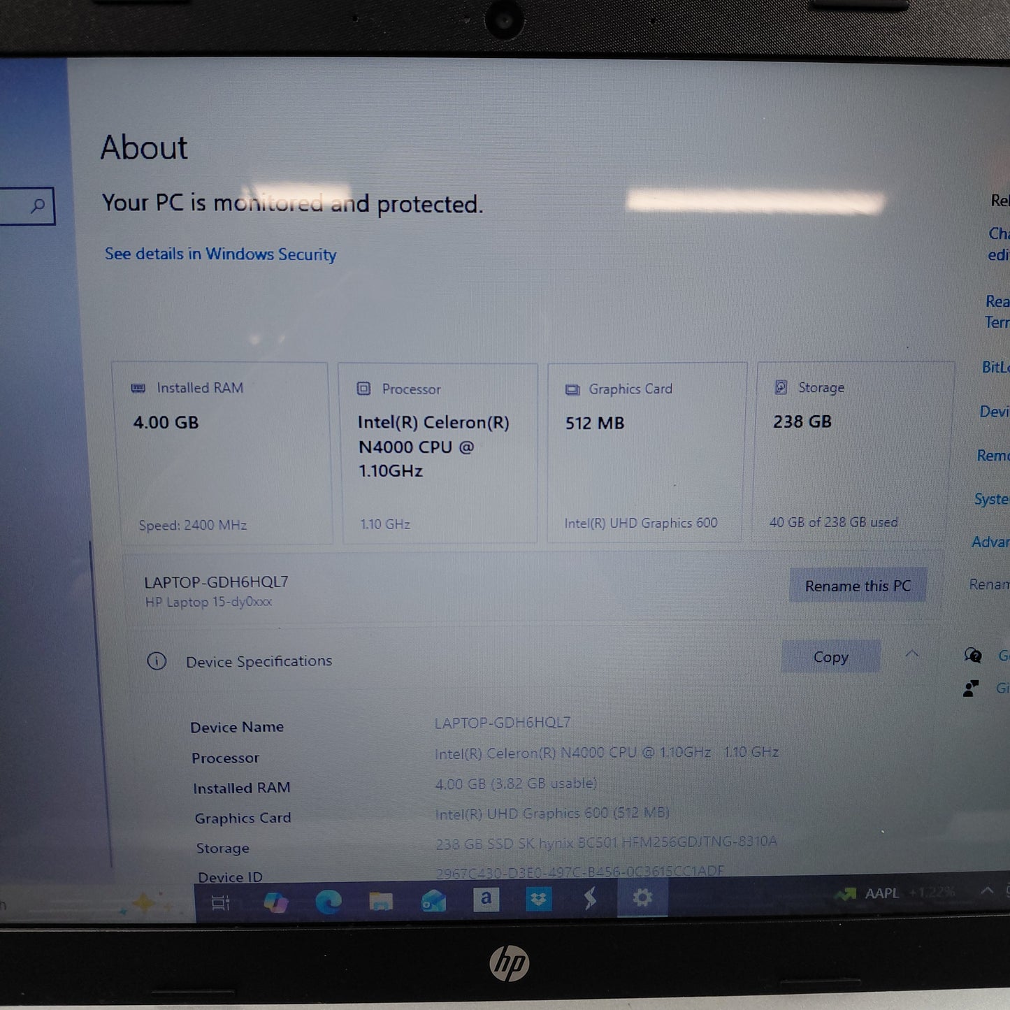 HP Laptop 15-DY0013DX 15" Celeron N4000 1.1GHz 4GB RAM 256GB SSD