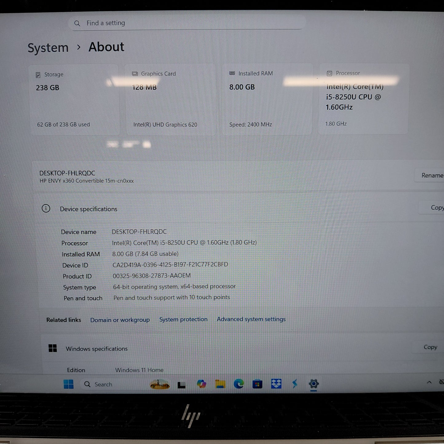 HP Envy x360 15M-CN0011DX 14" i5-8250U 1.8GHz 8GB RAM 256GB SSD