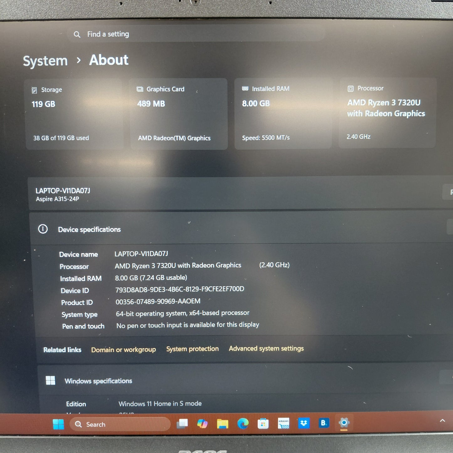 Acer Aspire 3 A315-24P 14" Ryzen 3 7320U 2.4GHz 8GB RAM 128GB