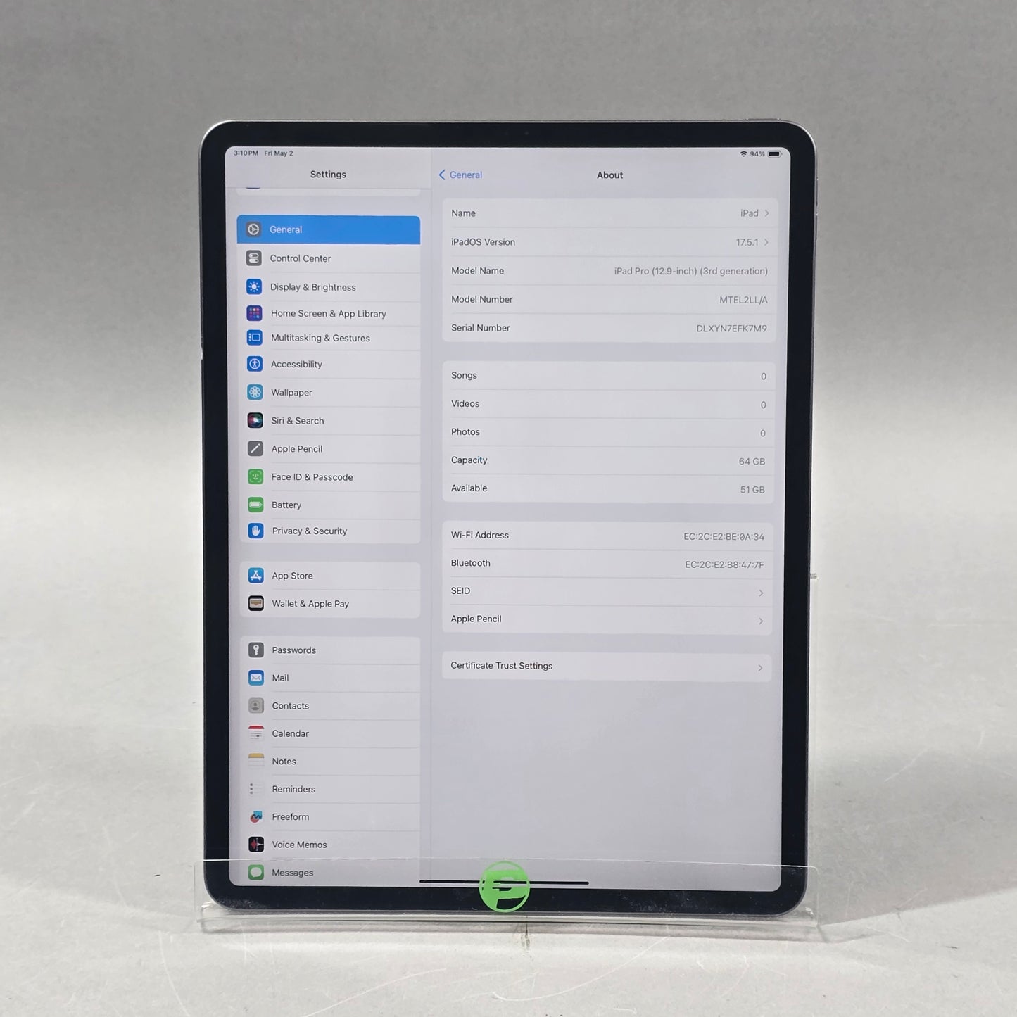 WiFi Only Apple iPad Pro 12.9" 3rd Gen 64GB 17.5.1 SPACE GRAY MTEL2LL/A