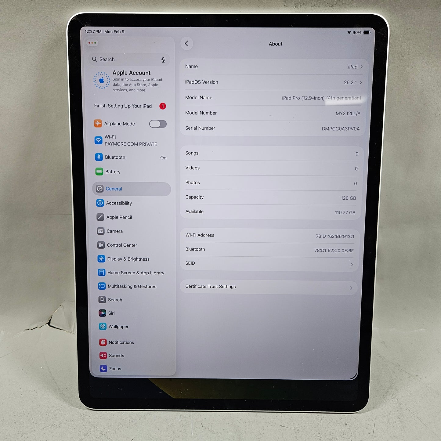 WiFi Only Apple iPad Pro 12.9" 4th Gen 128GB Silver MY2J2LL/A
