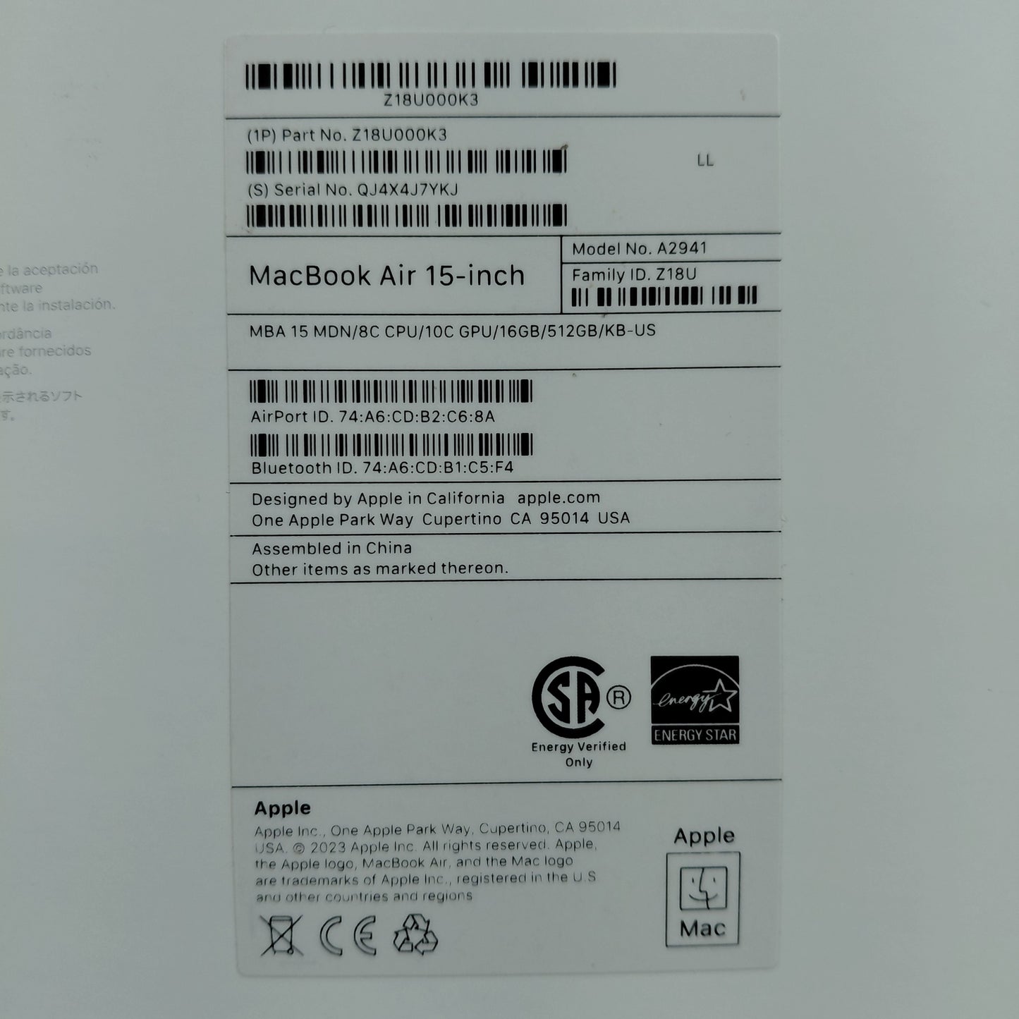 2023 Apple MacBook Air 15" M2 8 Core 3.5GHz 16GB RAM 512GB SSD A2941