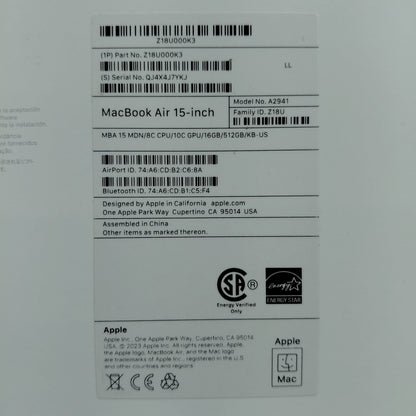 2023 Apple MacBook Air 15" M2 8 Core 3.5GHz 16GB RAM 512GB SSD A2941
