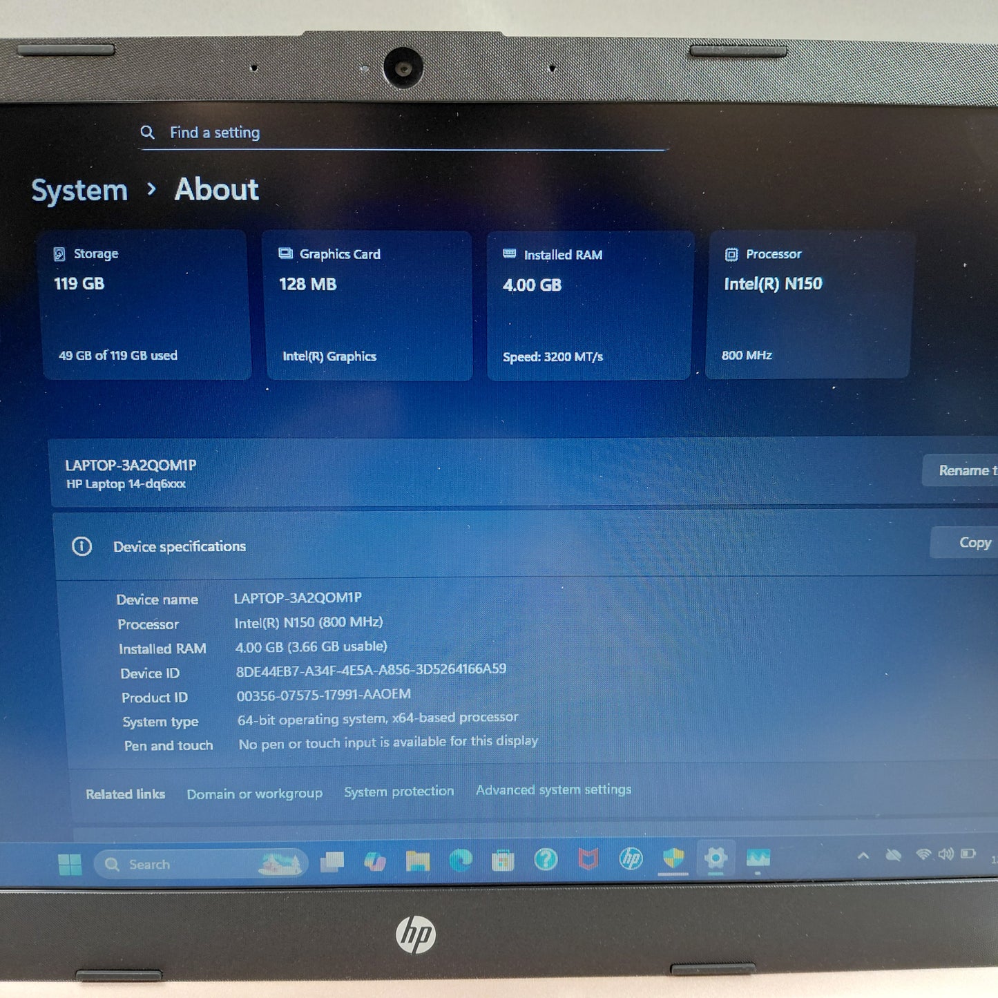 HP Laptop  15-EG0067ST 13.4" N150 800MHz 4GB RAM 128GB SSD