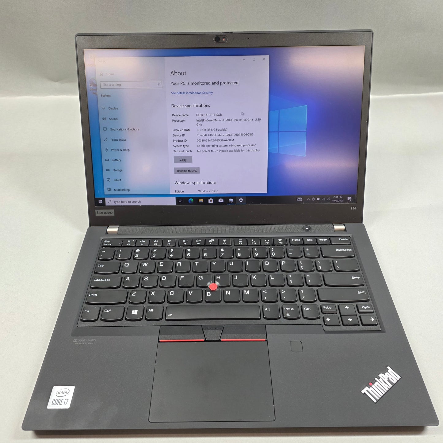 Lenovo ThinkPad T14 GEN 1 14" i7-10510OU 2.3GHz 16GB RAM 500GB SSD UHD Graphics