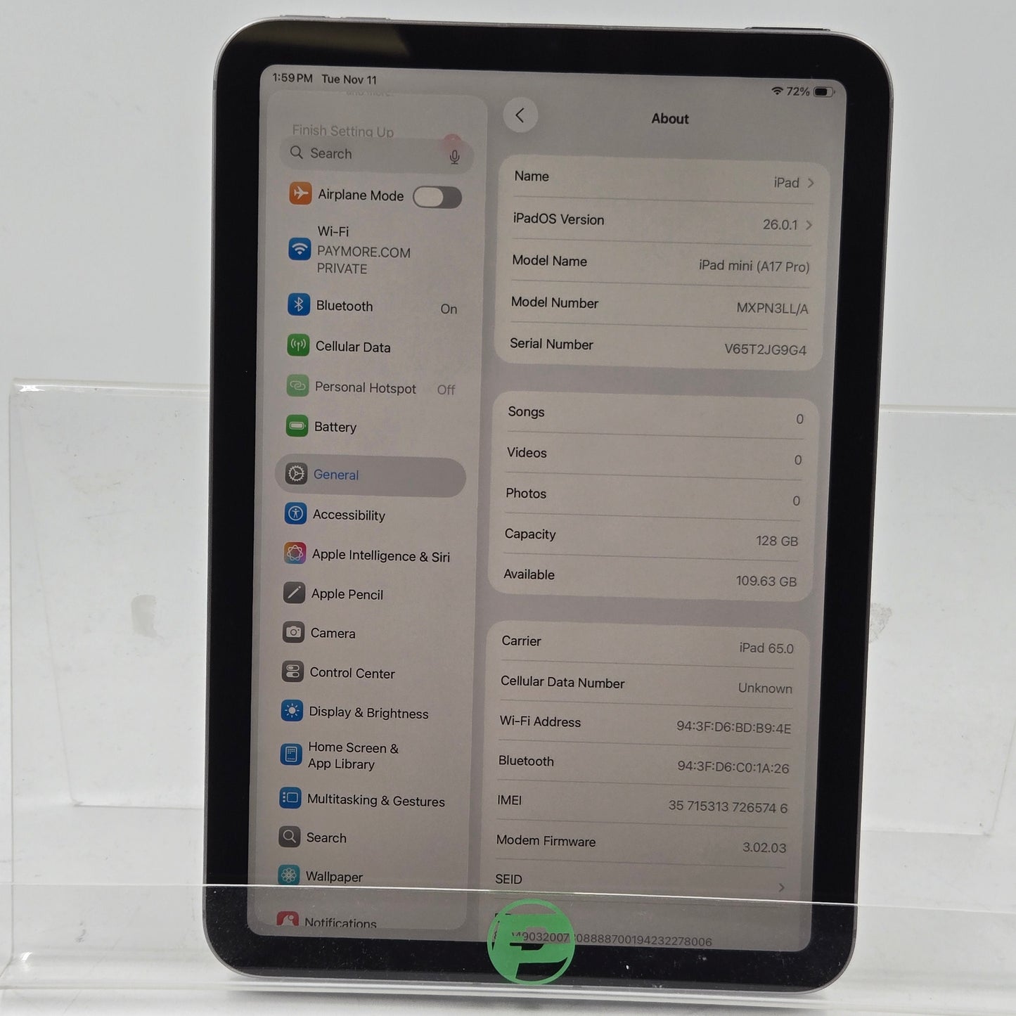 Factory Unlocked Apple iPad mini (A17 Pro) 128GB Space Gray MXPN3LL/A