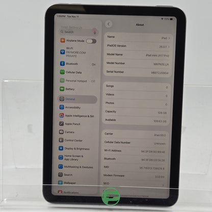 Factory Unlocked Apple iPad mini (A17 Pro) 128GB Space Gray MXPN3LL/A