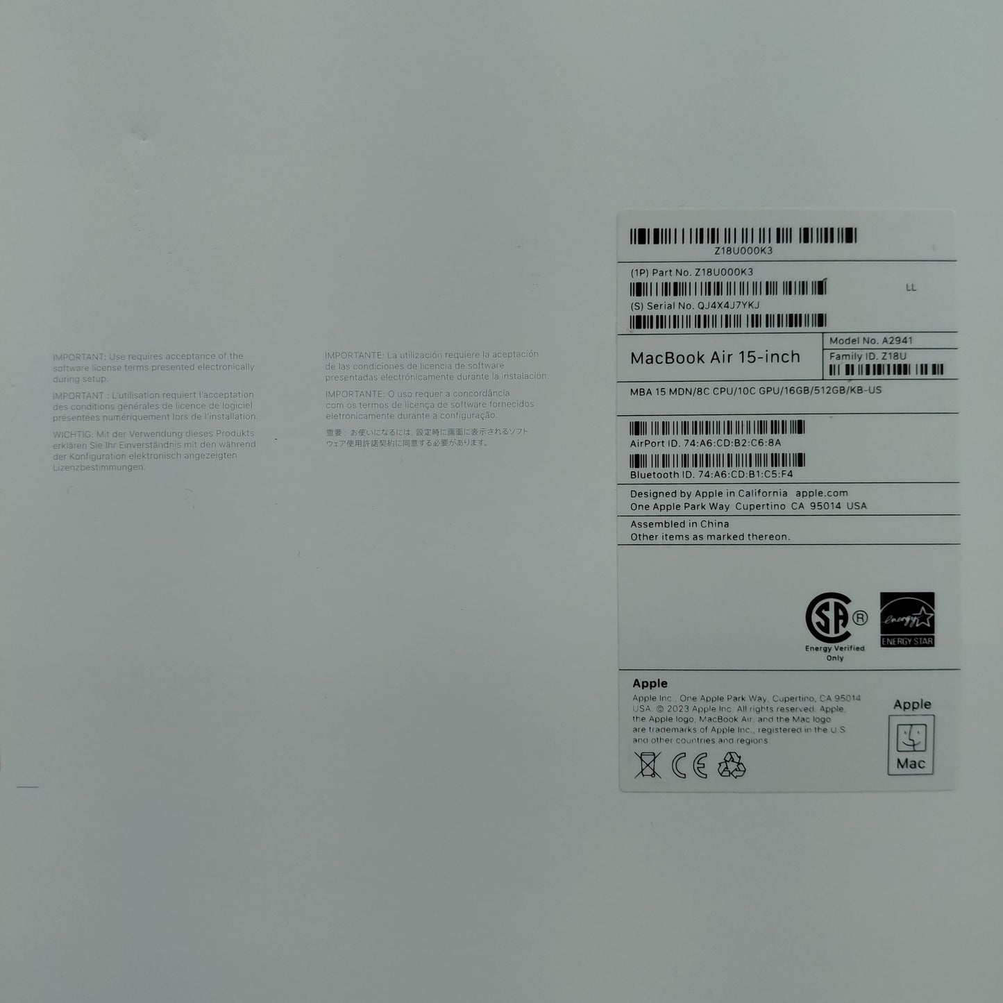 2023 Apple MacBook Air 15" M2 8 Core 3.5GHz 16GB RAM 512GB SSD A2941
