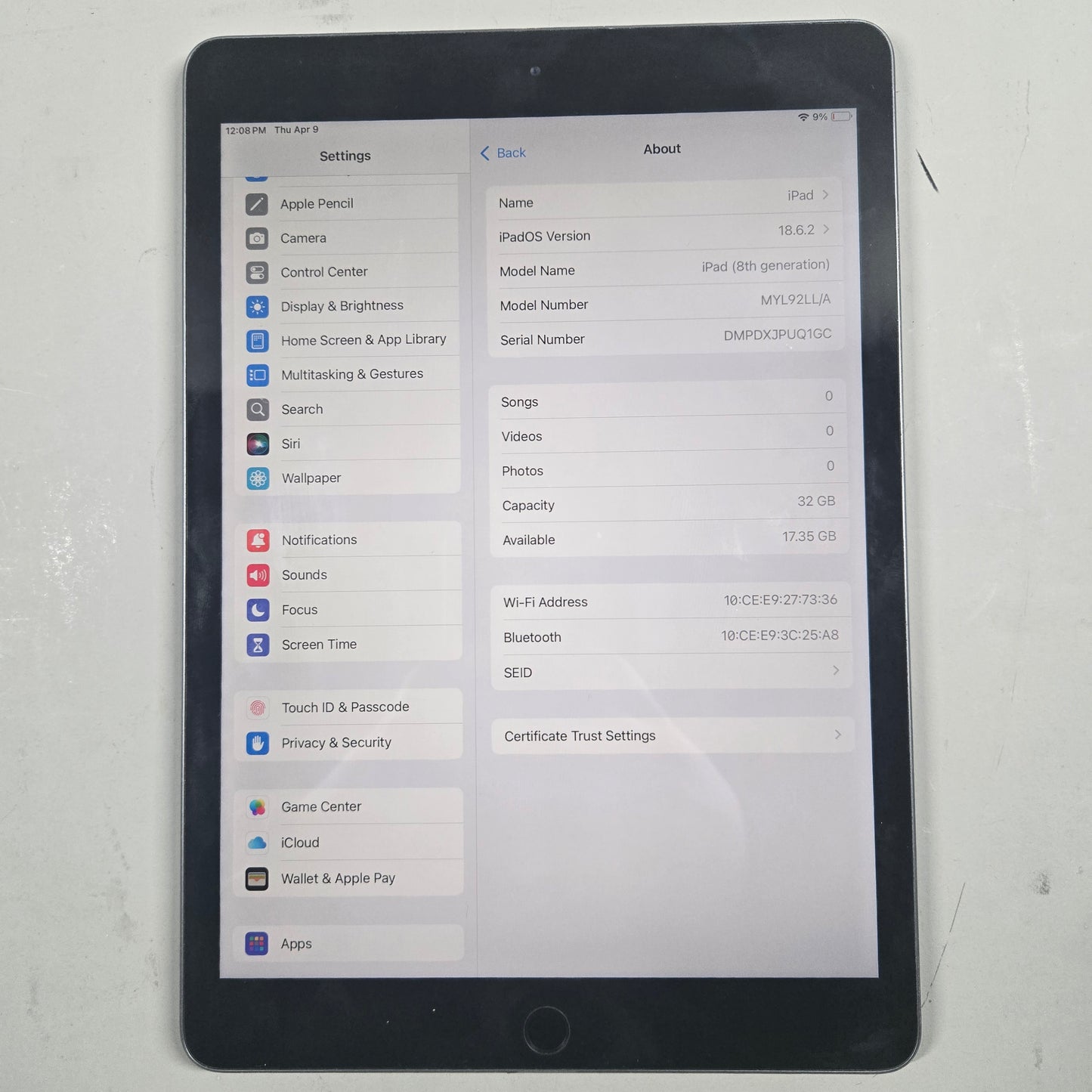 WiFi Only Apple iPad 8th Gen 32GB Space Gray MYL92LL/A