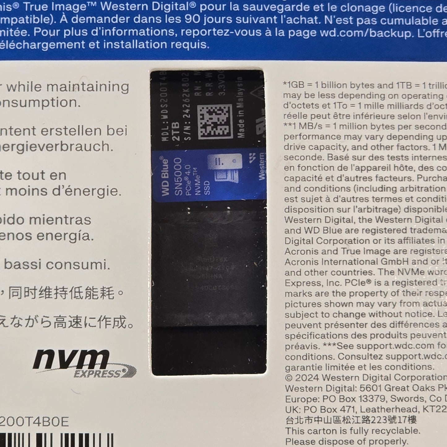 New Western Digital Blue 2280mm SN5000 2TB  PCIe Gen4 NVMe M.2 SSD WDS200T4B0E