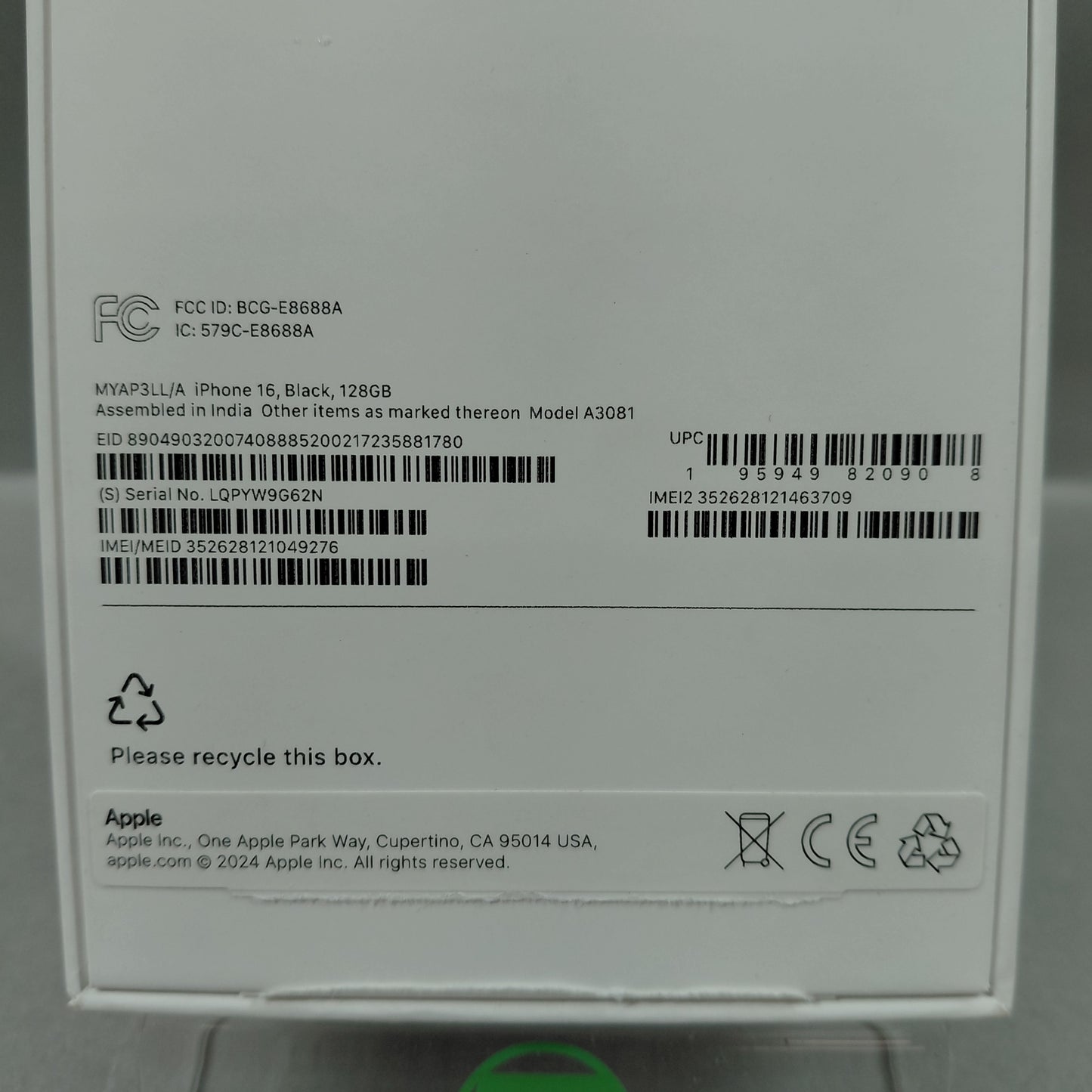 Open Box Verizon Apple iPhone 16 128GB Black MYAP3LL/A
