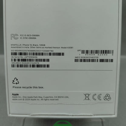 Open Box Verizon Apple iPhone 16 128GB Black MYAP3LL/A