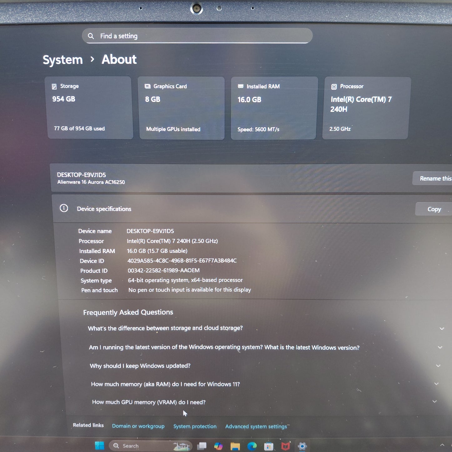 Alienware 16 Aurora AC16250 i7-240H 2.5GHz 16GB RAM 1TB SSD RTX 5050 Laptop GPU