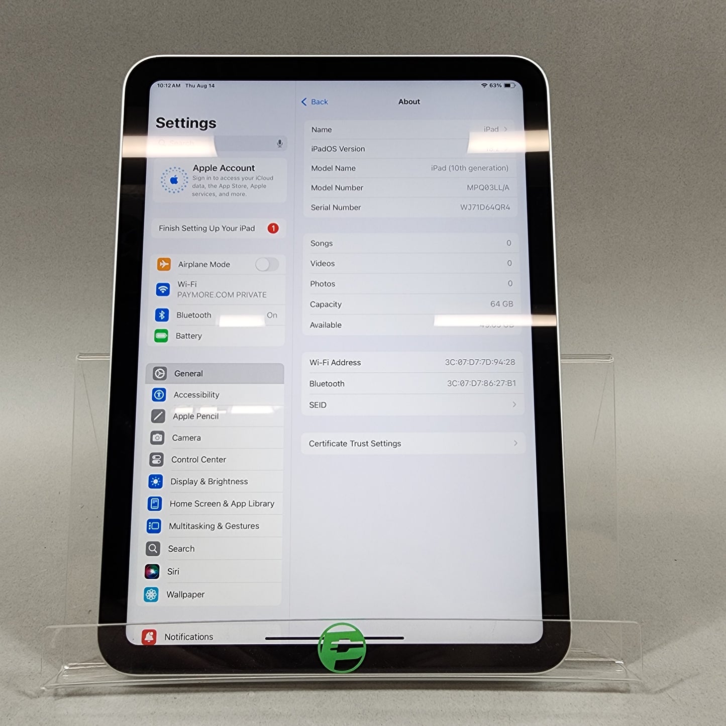 WiFi Only Apple iPad 10th Gen 64GB SILVER MPQ03LL/A