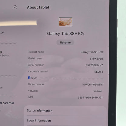 Verizon Samsung Galaxy Tab S8 Plus 8.0" 128GB Black SM-X808U