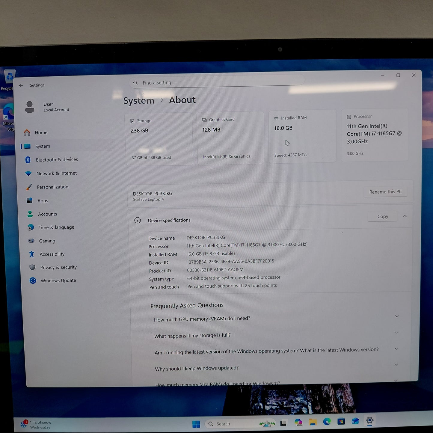 Broken Microsoft Surface Laptop 4 i7-1185G7 16GB RAM 256GB Bad OS