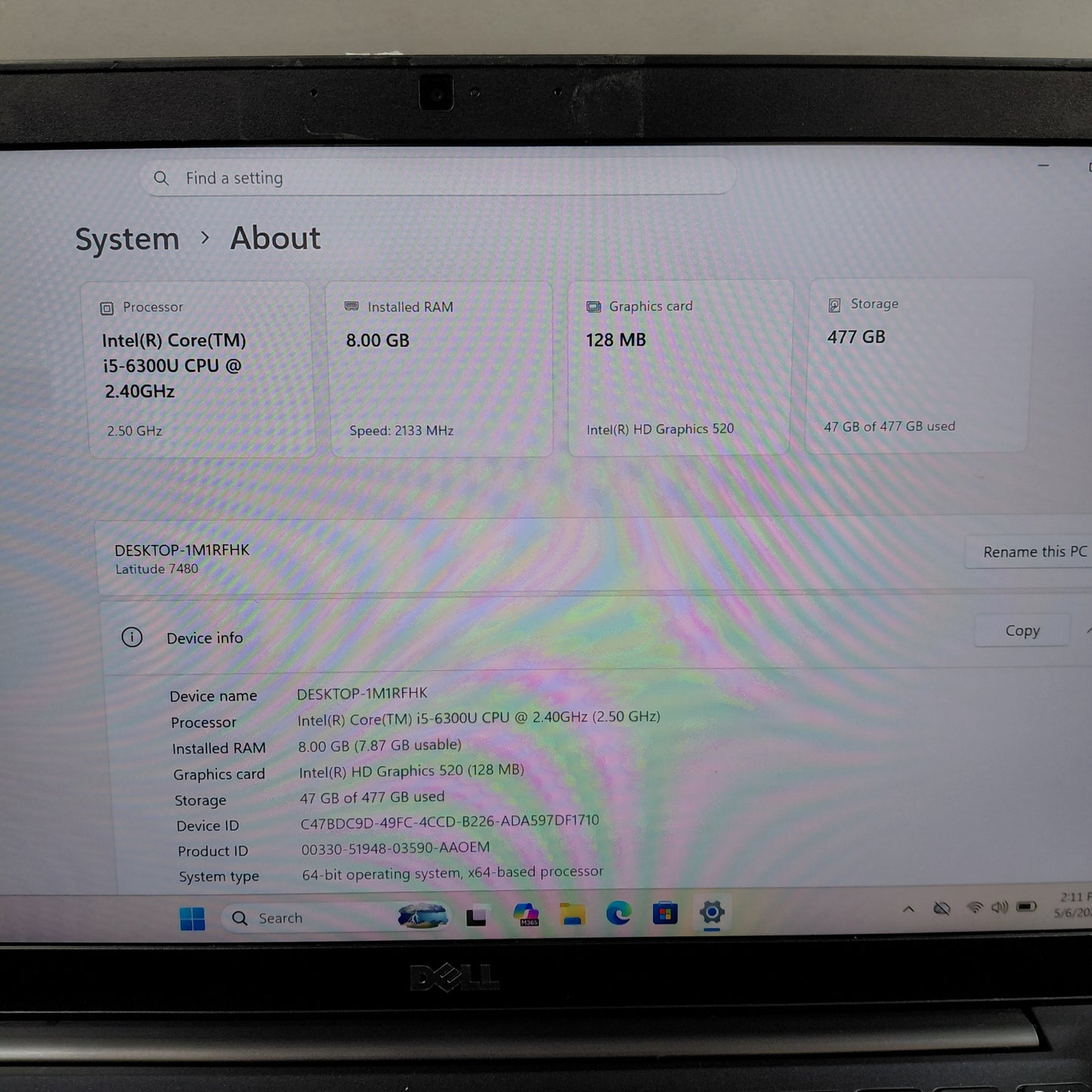 Dell Latitude 7480 14" i5-6300U 2.5GHz 8GB RAM 500GB SSD