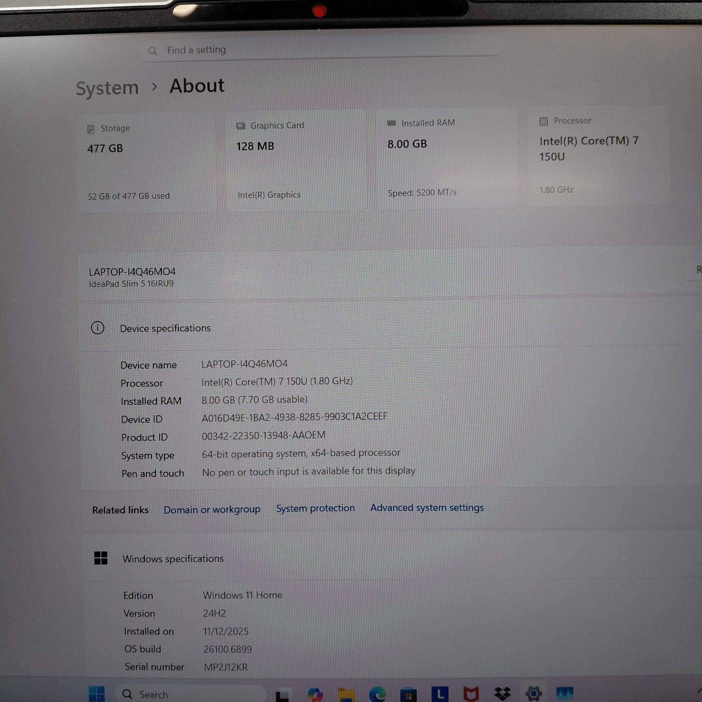 Lenovo IdeaPad Slim 5 16" Core 7 150U 1.8GHz 8GB RAM 512GB SSD
