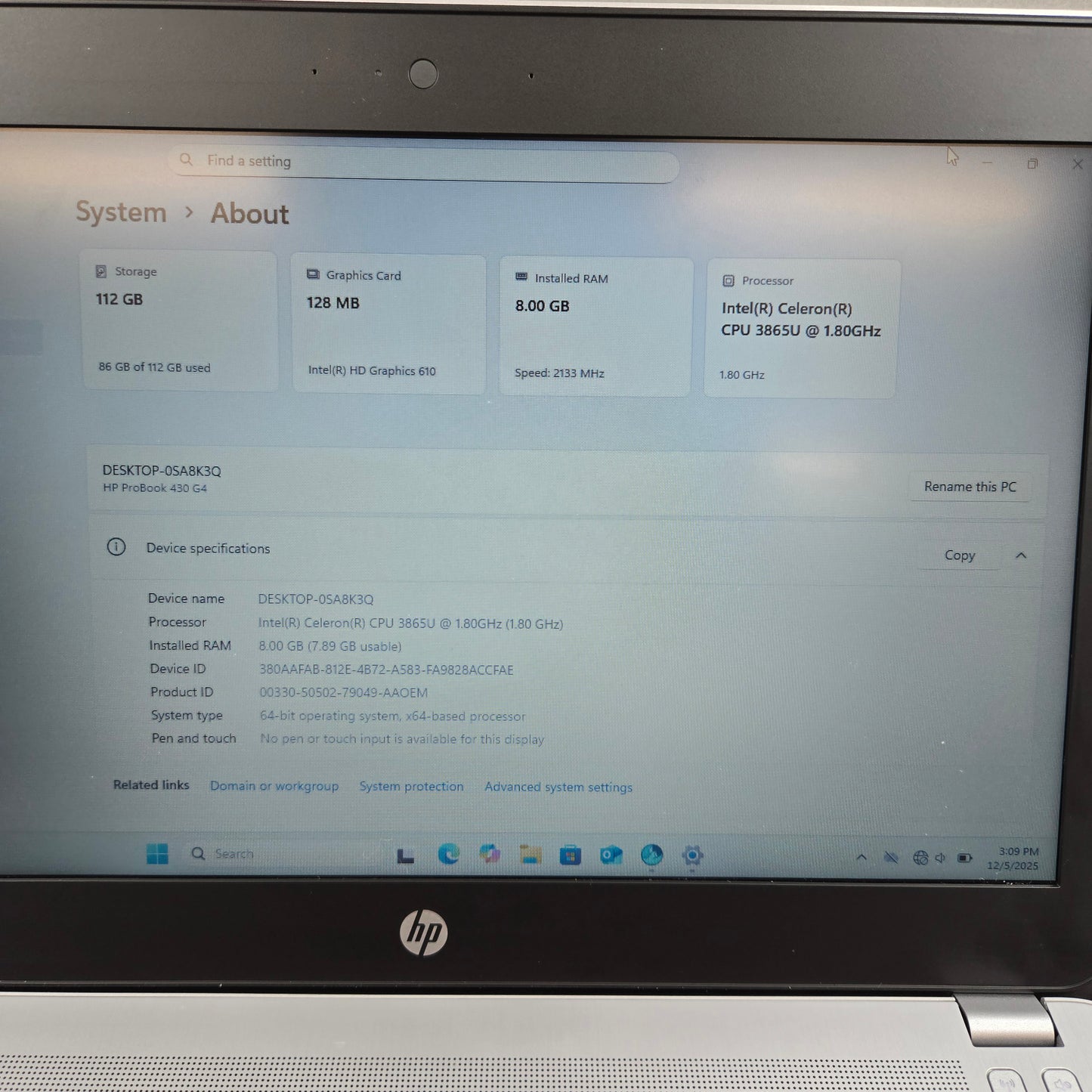 HP ProBook Q02C 13.3" Celeron 3865U 1.8GHz 8GB RAM 128GB SSD