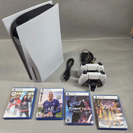 Sony PlayStation 5 Disc Edition PS5 1TB 4 games.  2 Controllers And Charger Dock